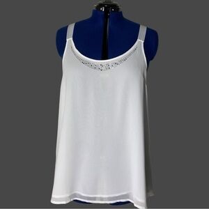 g & t White Sheer loose Fit Flowy Tank Top sleeveless Blouse with rhinestones